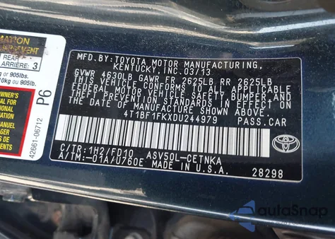 2013 Toyota Camry Le из США, поврежденный, VIN 4T1BF1FKXDU244979